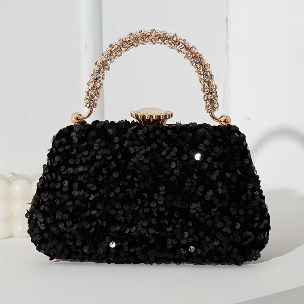 Chic Black Sequin Clutch with Gold Accents